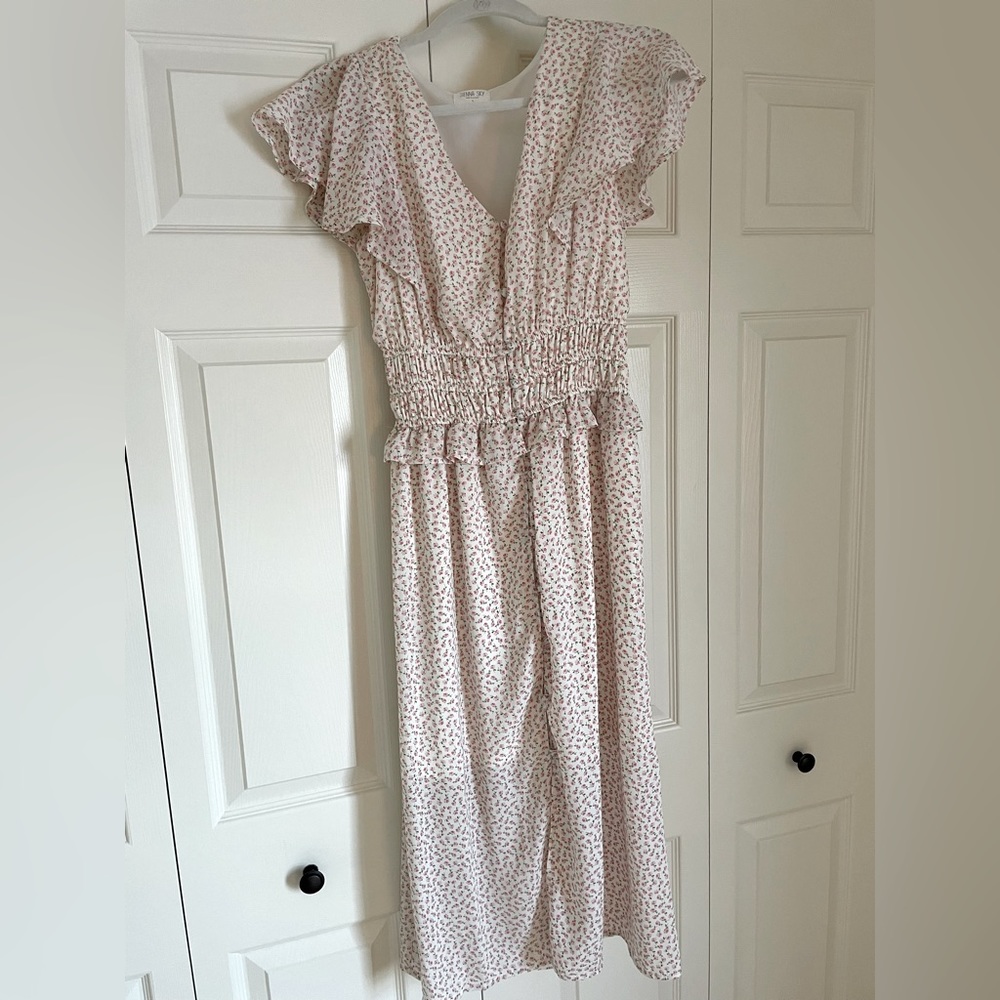 Floral midi dress with flutter sleeve and rouching at waist